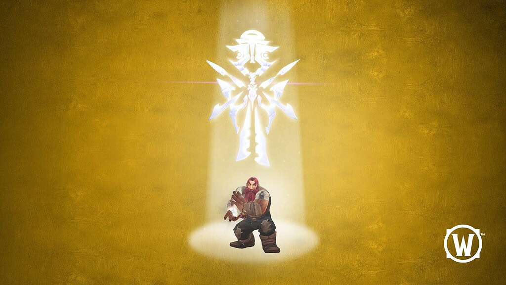 Эпический персонаж из World of Warcraft с сияющим мечом и магической аурой.